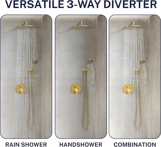 HammerHead Showers Solid Metal Two-Handle Shower Valve and Trim Kit, Volume and Temperature Control with Integrated Diverter, Pressure Balance Rough-In Valve Included, Brushed Gold