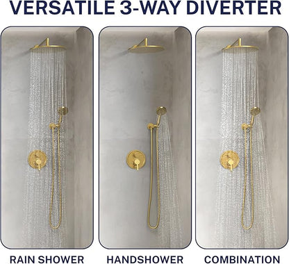 HammerHead Showers Solid Metal Two-Handle Shower Valve and Trim Kit, Volume and Temperature Control with Integrated Diverter, Pressure Balance Rough-In Valve Included, Brushed Gold