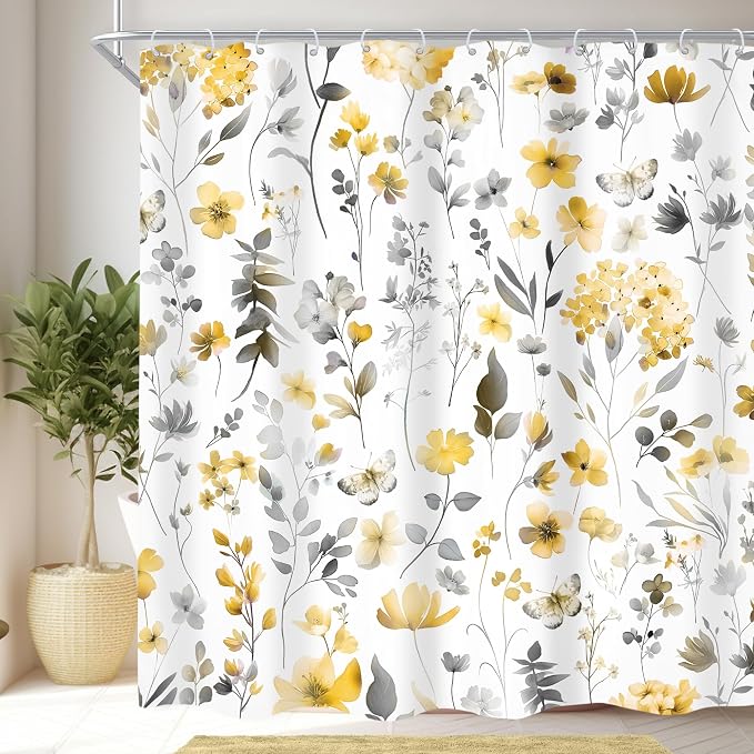 Yellow Gray Grey Flower Floral Wildflower Leaf Bathroom Shower Curtain Set | 72"W x 72"H Leaves Botanical; waterproof HD print, quick-dry fabric and plastic hooks for easy setup.