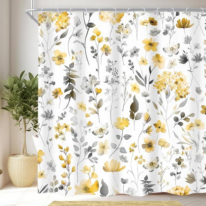 Yellow Gray Grey Flower Floral Wildflower Leaf Bathroom Shower Curtain Set | 72"W x 72"H Leaves Botanical; waterproof HD print, quick-dry fabric and plastic hooks for easy setup.
