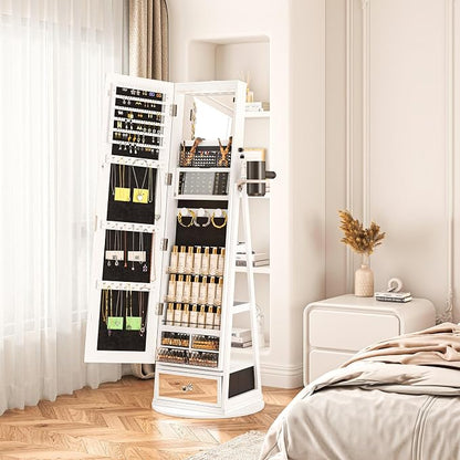 NUNU LAB 360° Swivel Mirror Jewelry Cabinet Standing 6 LEDs with Built-In Mirror, Full Length Mirror Jewelry Organizer with Lockable Storage& Drawer, Jewelry Armoire with Rear 3 Storage Shelves, White