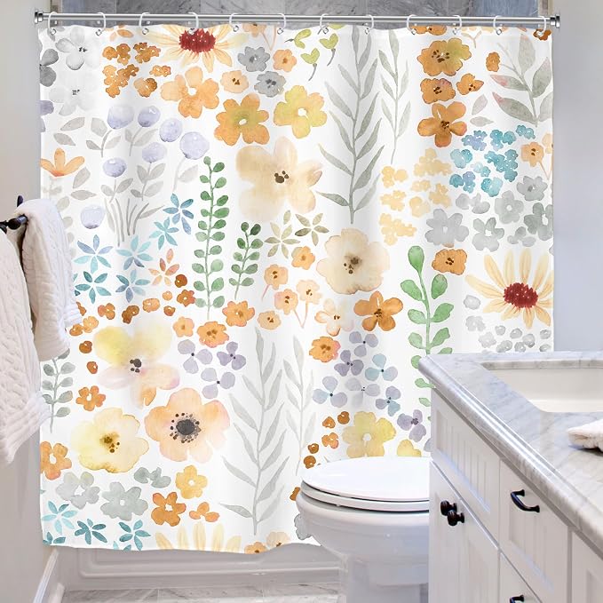 Yellow Cute Floral Flowers Colorful Plants Art Bathroom Shower Curtain Set | 72"W x 72"H Leaves Spring; waterproof HD print, quick-dry fabric with 12 hooks for easy hanging.