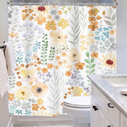 Yellow Cute Floral Flowers Colorful Plants Art Bathroom Shower Curtain Set | 72"W x 72"H Leaves Spring; waterproof HD print, quick-dry fabric with 12 hooks for easy hanging.