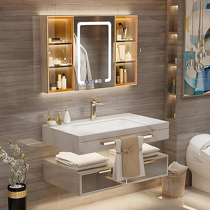Bathroom Vanity with Sink - Single/Double Sink Bathroom Vanity & LED Fog Removal Mirror Cabinet, Modern Design, Wall-Mounted Floating Vanity (Single Sink, 40")