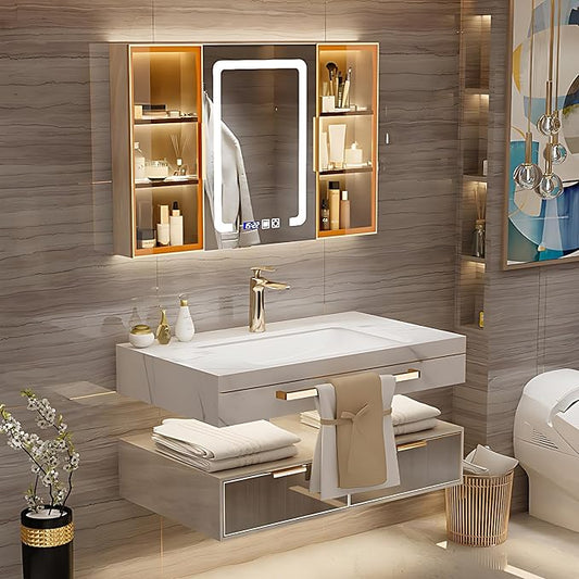 Bathroom Vanity with Sink - Single/Double Sink Bathroom Vanity & LED Fog Removal Mirror Cabinet, Modern Design, Wall-Mounted Floating Vanity (Single Sink, 40")