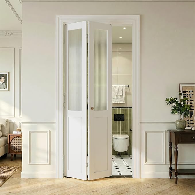 SMARTSTANDARD 24" x 80" Reeded Glass Bifold Closet Doors, Preassembled, MDF | Water-Proof PVC Surface, Half Tempered Glass with Hardware Kit, White Interior Slab for Kitchen, Closet, Pantry, White