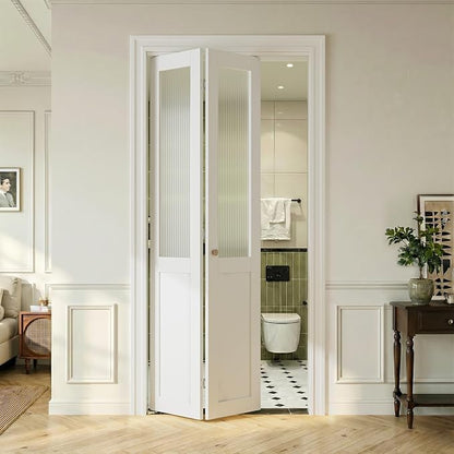 SMARTSTANDARD 36" x 80" Reeded Glass Bifold Closet Doors, Preassembled, MDF | Water-Proof PVC Surface, Half Tempered Glass with Hardware Kit, White Interior Slab for Kitchen, Closet, Pantry, White