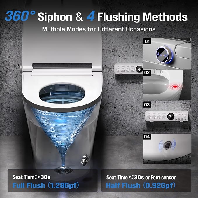 Modern Smart Toilet with Built-In Bidet, Electric Toilet, Auto Open/Close Lid, Heated Seat, Dual Auto Flush & Foot Sensor, Tankless, Warm Water Wash & Dryer, Wireless Remote, 1000g MaP