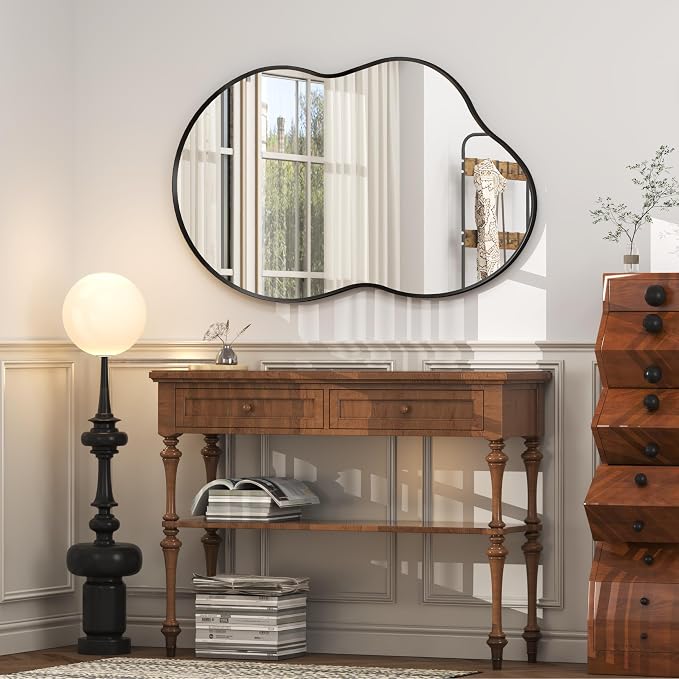 48x27 Black Irregular Mirror, Matte Asymmetrical Bathroom Mirror | Black Vanity Mirror for Bathroom Bedroom Entryway, Aluminum Frame, Shatterproof, Anti-Rust (Horizontally/Vertically)