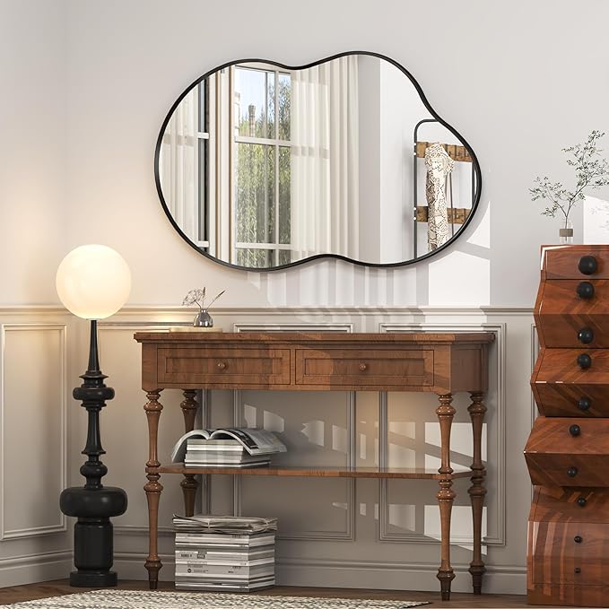20x36 Matte Black Irregular Mirror, Black Bathroom Vanity Mirror for Bathroom Bedroom Living Room, Decor Wall Mirror, Shatterproof, Anti-Rust (Horizontally/Vertically)