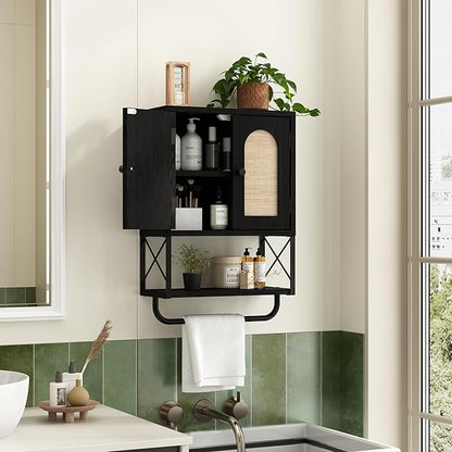 RUSTOWN Rattan Bathroom Wall Cabinet, Boho Over The Toilet Storage Cabinet with Arched Rattan Doors, Modern Medicine Cabinet with Adjustable Shelves & Towel Bar (Black, Small)