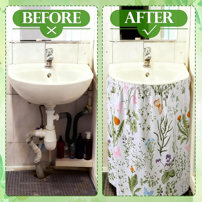 Hahafelt Self-Adhesive Sink Skirt, 55"x32" Waterproof Fabric Under Sink Cover with Diamond Stitch, Hide Pipes & Storage for Bathroom, Kitchen, Laundry Room, Rental Home Decor(Pastoral)