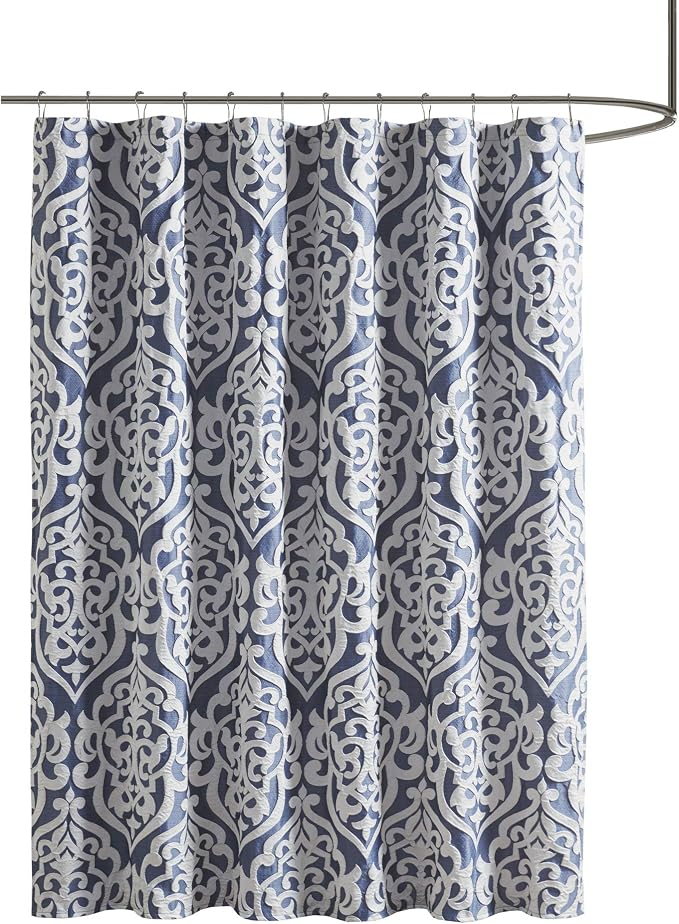 Madison Park Odette Fabric Shower Curtain Luxe Textured Jacquard, Damask Medallion Machine Washable Modern Home Bathroom Decor, Bathtub Privacy Screen, 72" x 72", Navy/Silver
