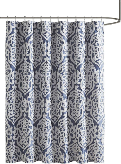 Madison Park Odette Fabric Shower Curtain Luxe Textured Jacquard, Damask Medallion Machine Washable Modern Home Bathroom Decor, Bathtub Privacy Screen, 72" x 72", Navy/Silver