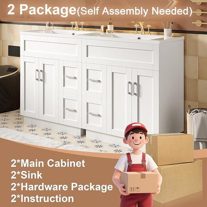 60" Bathroom Vanity Set with Double Sink, Harper & Bright Designs Vanity Cabinet with 4 Cabinet Doors, 4 Drawers, 2 Adjustable Shelves, Solid Wood Bathroom Cabinet with Resin Basin for Bathroom, White