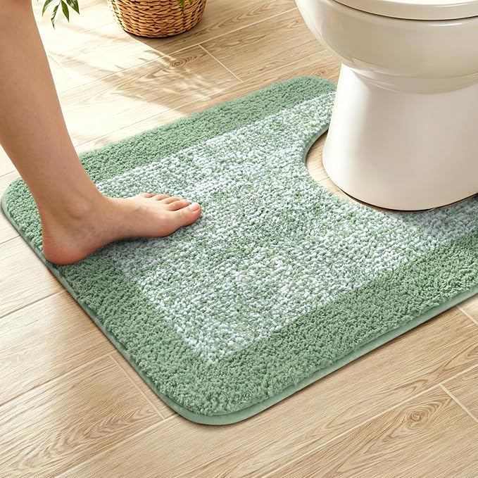 Toilet Rugs U-Shaped 24x19, Non-Slip Plush Shaggy Quick Dry Bathroom Contour Rugs, Extra Soft Absorbent Chenille Washable Bath Mat for Toilet Base, Green