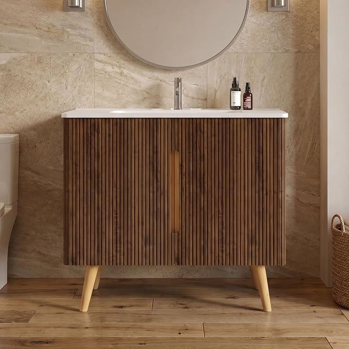 36" Modern Bathroom Vanity with Sink, Mid Century Modern Walnut Bathroom Cabinet with 2 Soft Close Doors, Large Storage with Adjustable Shelf