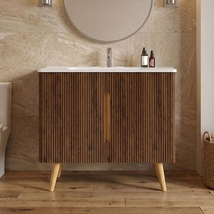 36" Modern Bathroom Vanity with Sink, Mid Century Modern Walnut Bathroom Cabinet with 2 Soft Close Doors, Large Storage with Adjustable Shelf