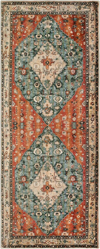 Lahome Felice Boho Tribal 2x6 Washable Runners for Hallways Non Slip, Bohemian Kitchen Mats for Floor, Vintage Bathroom Entryway Carpet Runner for Laundry Living Bedroom (Rust/Dull Teal,2x6ft)