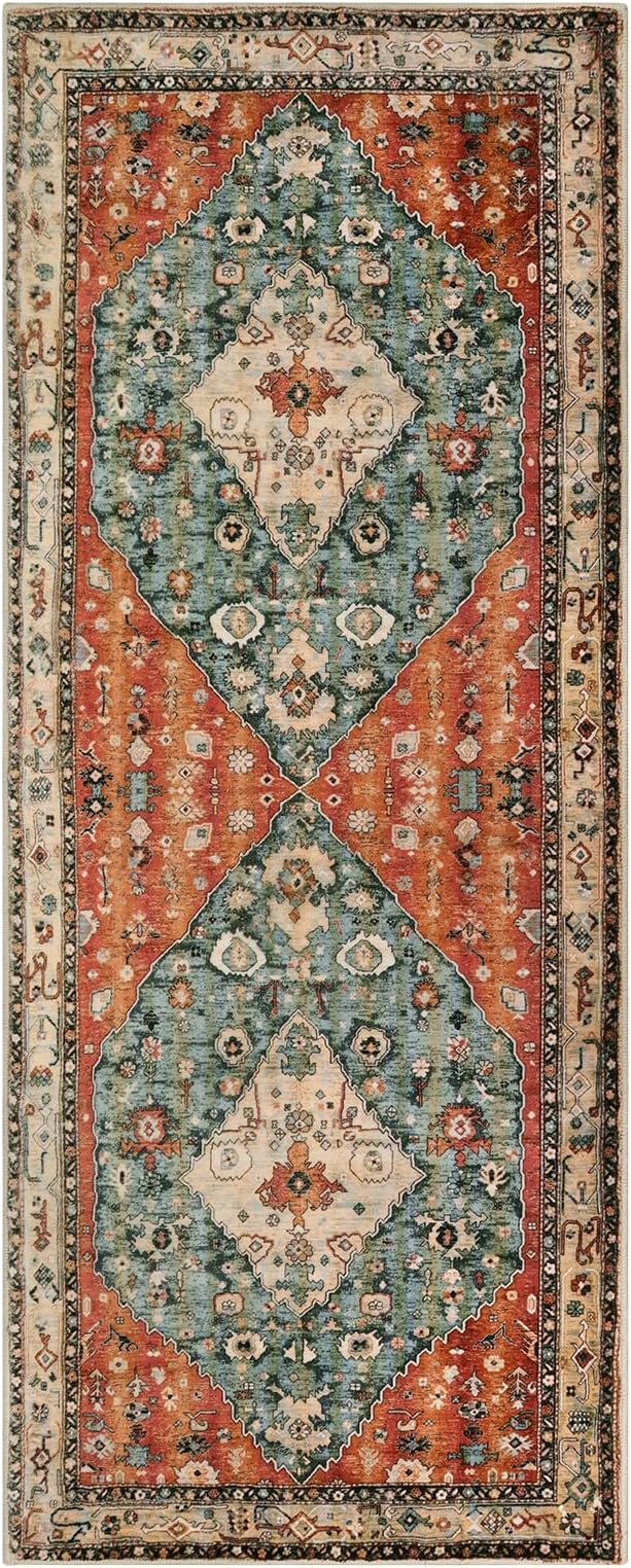 Lahome Boho Tribal 2x5 Kitchen Runner Rugs Non Skid Washable, Soft Runners for Hallways, Oriental Long Bathroom Floor Throw Carpet Runner for Entryway Laundry Room Bedroom (Rust/Dull Teal,2x5ft)