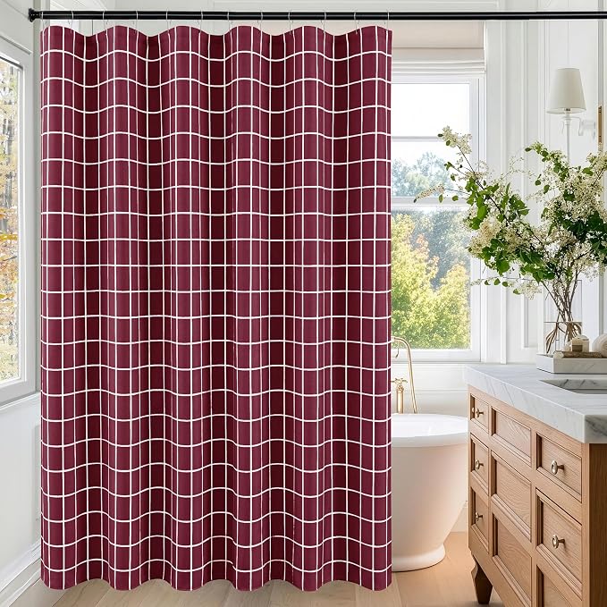Fabric Farmhouse Shower Curtain-Cloth Extra Long Shower Curtains Bathroom | 72"Wx84"L Faux Linen Burgundy Grid Minimalist Simple Rustic Neutral Shower Curtain-Geometric Plaid Washable Hotel Quality
