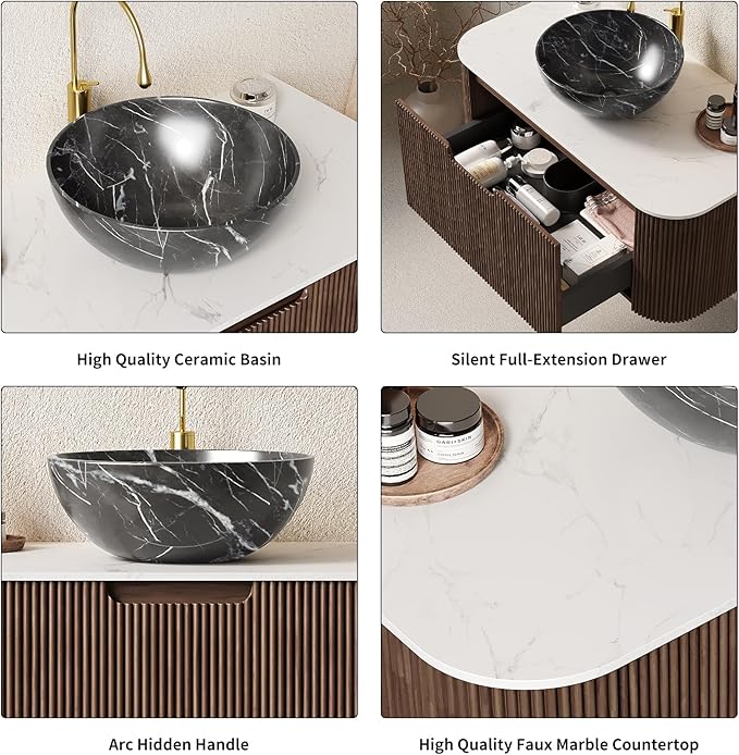 Yayzy 60" Floating Bathroom Vanity with Sink, Solid Wood Fluted Cabinet, White Marble-Patterned Ceramic Basin & Faux Marble Top, Soft-Close Drawer, Pre-Assembled, Walnut Woodgrain
