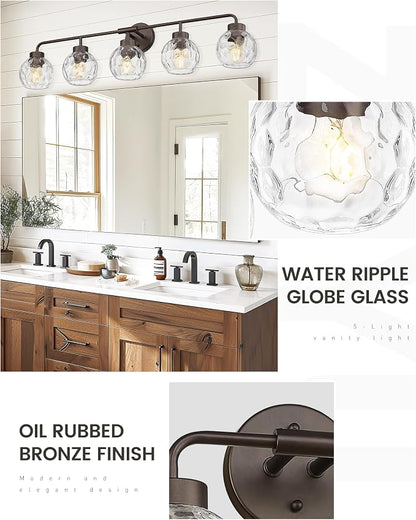 zeyu 38.5-Inch 5-Light Vanity Lights for Bathroom Fixture, ZS62BG-5W ORB-WG | Bathroom Lighting Fixtures Over Mirror, Water Ripple Globe Glass, Up Or Down Mount, Hardwired, 5 E26 Bulbs Up To 60W Each