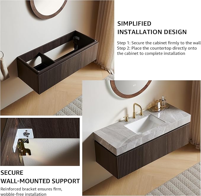 48” Floating Bathroom Vanity with Sink, Wall-Mounted Cabinet with Drawer & Doors, Gray Travertine-Pattern Sintered Stone Top, Undermount Basin, 3 Faucet Hole, Soft-Close, Pre-Assembled, Dark Oak