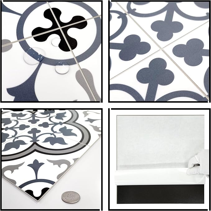 The Tiles Plaza Encaustic Peel and Stick Backsplash, Blue and White Patterned Vintage Stick on Tile, Stone Composite Self-Adhesive Wall Tile Sticker for Kitchen Bathroom Fireplace Stairs, 10 Sheets