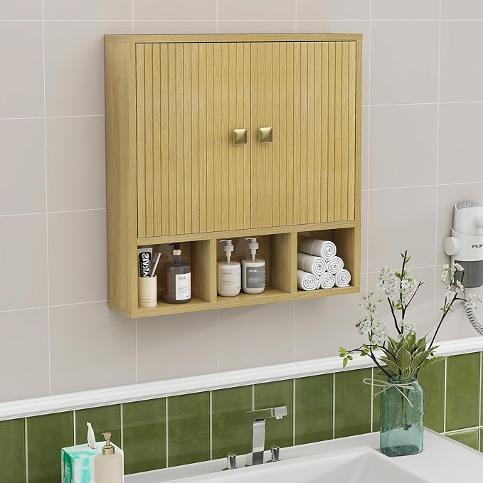 Bathroom Wall Cabinet,Wooden Medicine Cabinet with Fluted Doors Over The Toilet Storage Cabinet with Adjustable Shelf for Bathroom,Wood