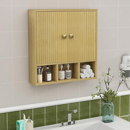Bathroom Wall Cabinet,Wooden Medicine Cabinet with Fluted Doors Over The Toilet Storage Cabinet with Adjustable Shelf for Bathroom,Wood