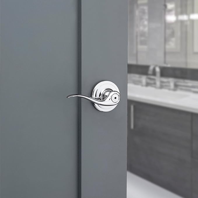 Kwikset Tustin Interior Privacy Door Handle with Lock, Door Lever For Bathroom and Bedroom, Polished Chrome Reversible Keyless Turn Lock
