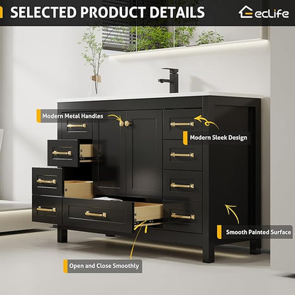 eclife 48" Bathroom Vanities with Sink Combo, Modern Thickened Wood Bathroom Storage Cabinet w/Undermount Single Sink, Matte Black Faucet Drain, Painted Surface, Black