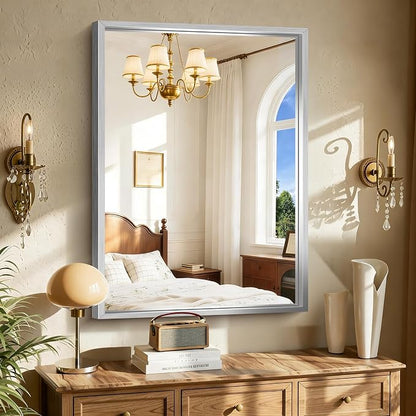 CIRCUMI 30"x42" Brushed Silver Bathroom Mirror, Rectangular Vanity Mirror | Chunky Box Metal Frame, Shatterproof, Tempered Glass, Bathroom Remodel&New Home,Wall Mirror for Over Sink,Living Room,Hallway