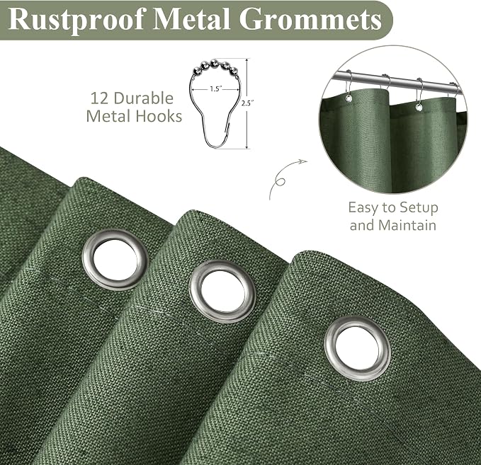 Olive Green Shower Curtain 96 inches Long, Linen Rustic Weighted Fabric Shower Curtain Set with Hooks, Bohemian Country Thick Bath Curtains for Bathroom,72x96