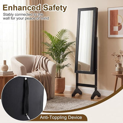 Giantex Jewelry Armoire with Full Length Mirror, Freestanding Jewelry Organizer Cabinet with Ring Slots, Earring Holders, Necklace Hooks & Storage Shelves for Bedroom (Black)