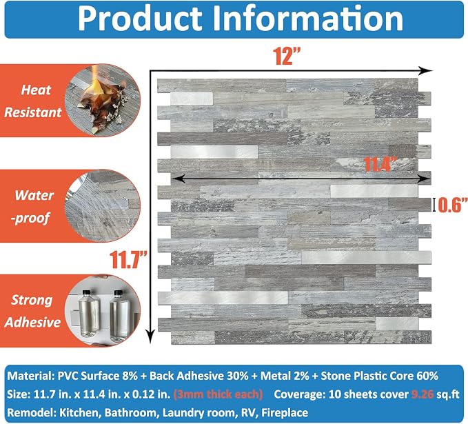 DICOFUN Peel and Stick Backsplash Wall Tiles, 1 Sheet Distressed Wood PVC Kitchen Backsplash Peel and Stick