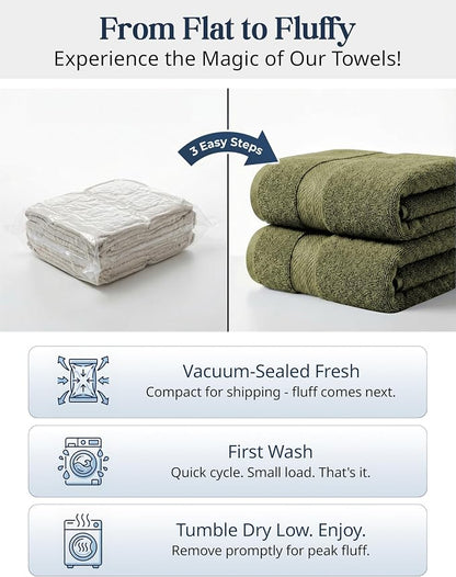 LANE LINEN Large Bath Towel Set Absorbent Quick Dry 100% Cotton - Oil Green | Soft Cotton Towels - Fade-Resistant Color, Classic Terry Weave, Densely Woven & Durable, Easy-Care, Coordinated Colors