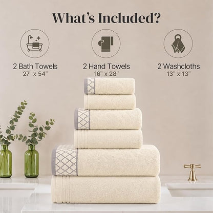 Modern Threads 6 Piece Cotton Bath Towel Set – Ultra Soft 550 GSM Towels – Bathroom Set with Hand Towels and Washcloths – Diamond Border (Ivory Cream)
