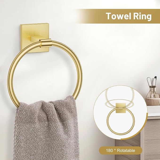 TURS Brushed Gold 4-Pieces Towel Ring Set Include Towel Ring Toilet Paper Holder Towel Hook SUS304 Stainless Steel Bathroom Accessories Kit Wall Mounted