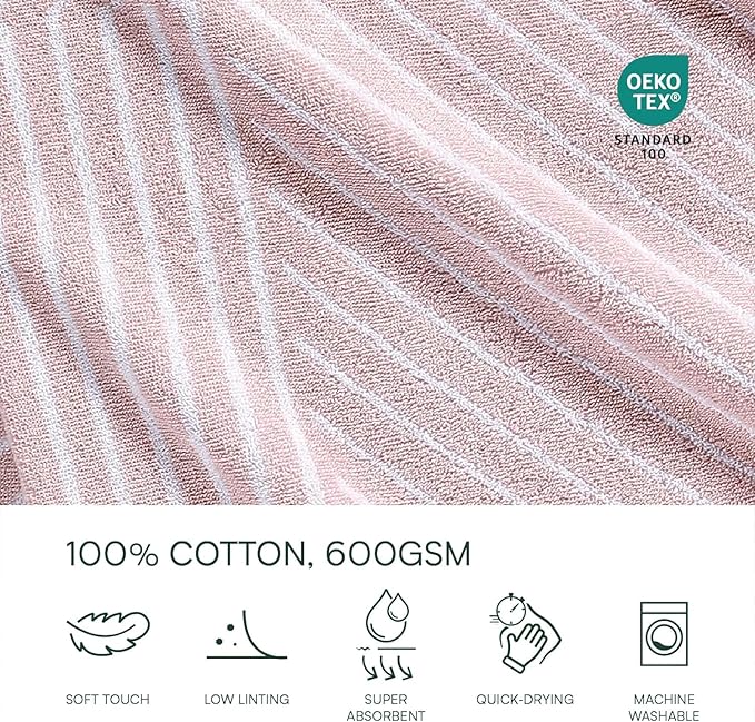 Lacoste Guethary Striped 6PC Towel Set – 100% Cotton, Reversible Design, Durable & Lightweight, Machine Washable – Light Pink, 2 Bath Towels (30"x54"), 2 Hand Towels (16"x30"), 2 Washcloths (13"x13")