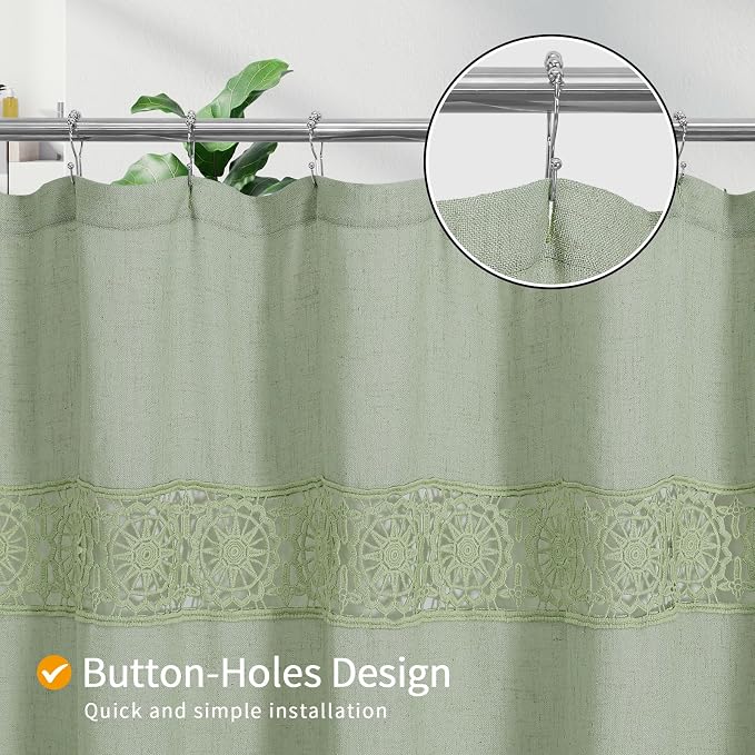 Linen Boho Lace Shower Curtain Liner Set 72x72 | Farmhouse Shower Curtain with Macrame Decor, Bohemian Cotton French Country Bath Curtain , Green