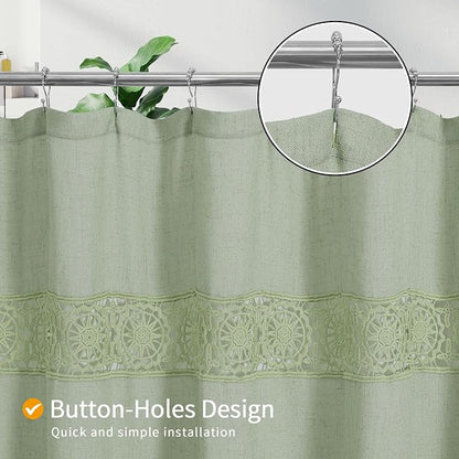 Linen Boho Lace Shower Curtain Liner Set 72x72 | Farmhouse Shower Curtain with Macrame Decor, Bohemian Cotton French Country Bath Curtain , Green