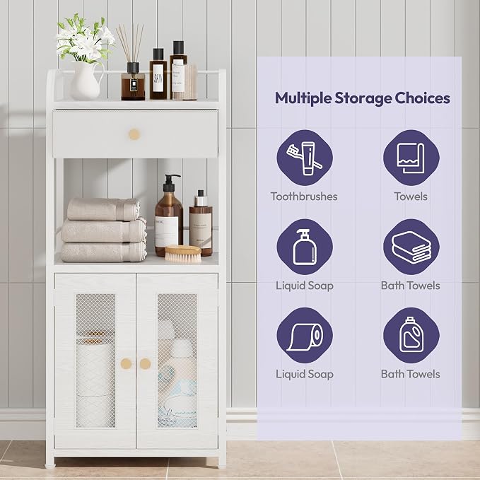 SWTYMIKI 14.57"x32.28" Bathroom Storage Cabinet – Freestanding Toilet Paper Storage with Doors & Drawer, Bathroom Organizers and Storage for Small Spaces, Laundry Room, Ideal for Towels, White