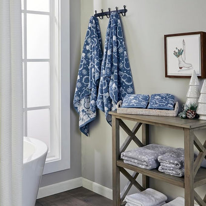 SKL Home Christmas/Winter Top Hat Snowmen Bath Towel, 100% Cotton, Blue | 550 GSM. Soft & absorbent. Reversible jacquard pattern. Great for use in the bathroom, kitchen or bar & gifting.