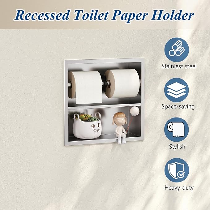 Neodrain Brushed Recessed Toilet Paper Holder,Double Layer,Wet Tissue | Space-Saving Wall Niche Cabinet Storage, Rustproof & Durable,For Bathroom, Kitchen & Vanity