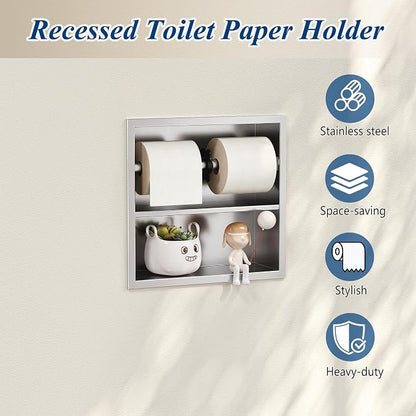 Neodrain Brushed Recessed Toilet Paper Holder,Double Layer,Wet Tissue | Space-Saving Wall Niche Cabinet Storage, Rustproof & Durable,For Bathroom, Kitchen & Vanity