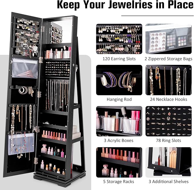 LOKO 360° Rotating Jewelry Armoire, Freestanding Jewelry Cabinet with Inside Makeup Mirror, 2-in-1 Lockable Jewelry Organizer w/Full-Length Mirror for Girls Women (Black)