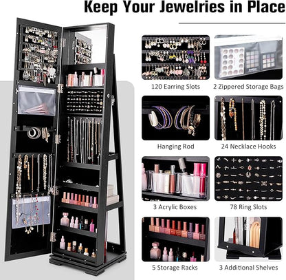 LOKO 360° Rotating Jewelry Armoire, Freestanding Jewelry Cabinet with Inside Makeup Mirror, 2-in-1 Lockable Jewelry Organizer w/Full-Length Mirror for Girls Women (Black)