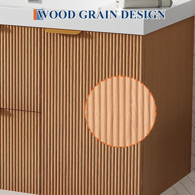 36 Inch Bathroom Vanity with Sink, Modern Fluted Single Ceramic Vanity | Soft-close, Bath Room Cabinet with Divided Drawers, Wall-Mounted Modern Storage Vanity for Small Space, Hotels, Office